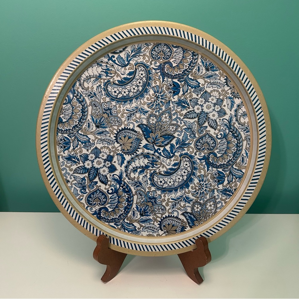 Blue, white, & gold/beige tin serving tray by Action Industries made in Brazil